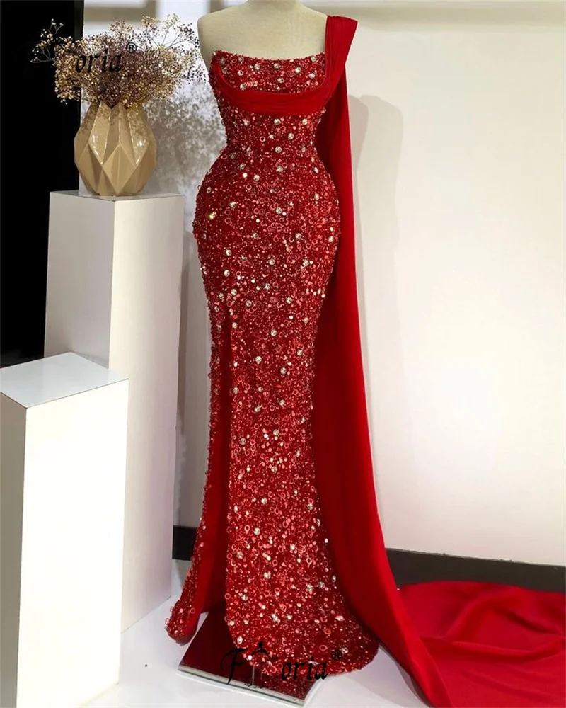 Robe de soirée sirène rouge avec longue cape pour femme, paillettes de cristal brillantes, mariage de Dubaï, robe de reconstitution historique formel, robe maxi, luxe