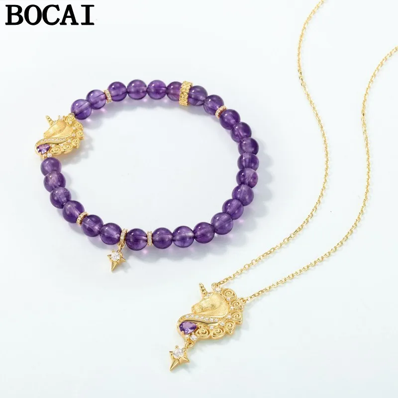 BOCAI New S925 Sterling Silver Jewelry Fashion Light Luxury Brushed Unicorn Necklace Pendant Women's Selected Gift