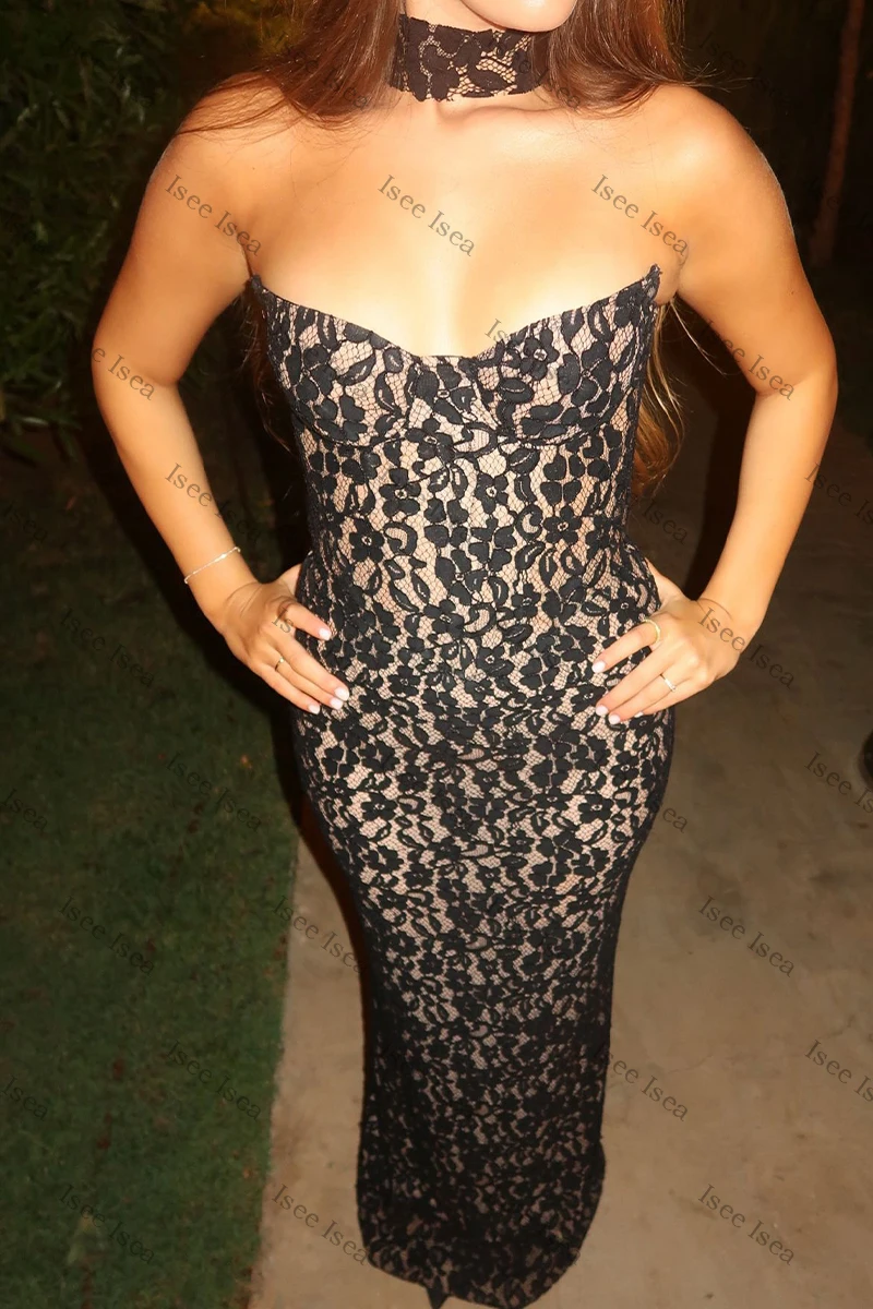 فساتين سهرة سوداء للنساء حورية البحر دانتيل رسن فساتين عشاء بدون حمالات فستان حفلة موسيقية ضيق مخصص