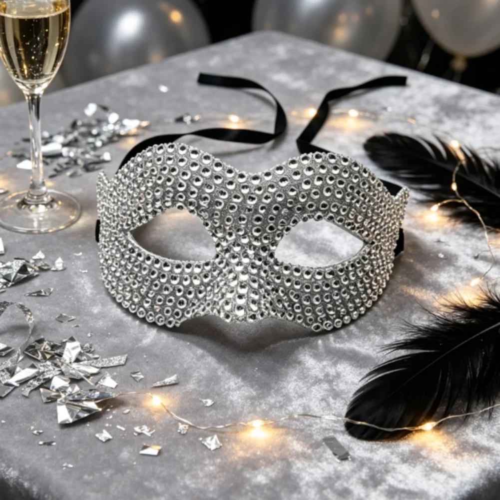 Silver Rhinestone Half Glitter Plastic Eye For Halloween Masquerade Costume Party Fun Accessories 17x8.5cm Silver