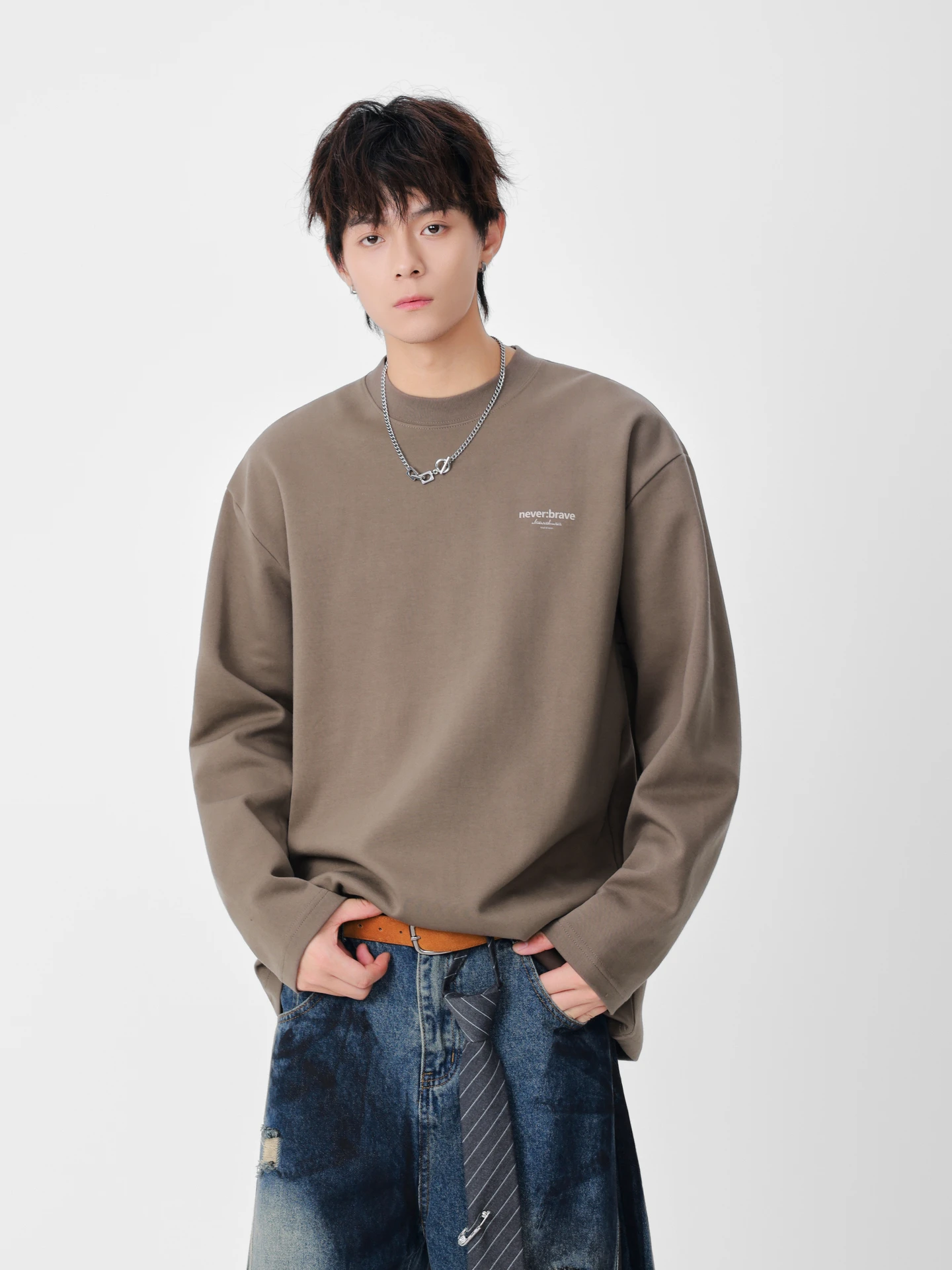 

Trendy Brand Simple Print Casual Crew Neck Long Sleeve T-shirt Men's Autumn Loose and Versatile Base Shirt Top