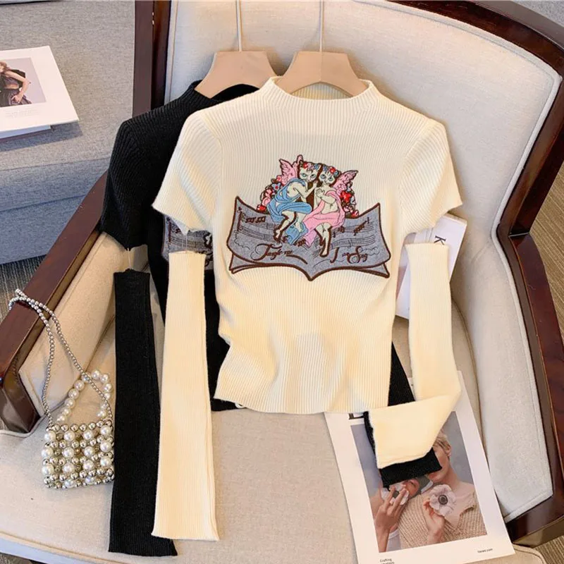 Detachable Long Sleeve Knitwear Women's Sweater Pullover Cartoon Embroidery Knit Jumper Female Sweater Soft Casual Sweater