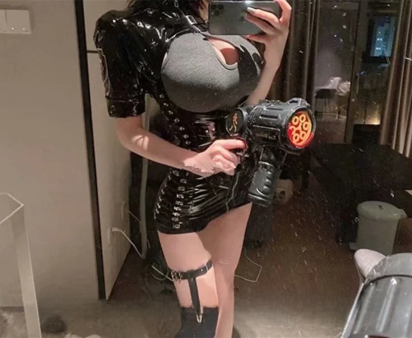 PVCレザーまたはスエード風、透かし彫りセクシーローカットボディコン、ベルト付きジッパーまたはスカート、ハロウィンコスプレ、ワンピース、ワークウェア