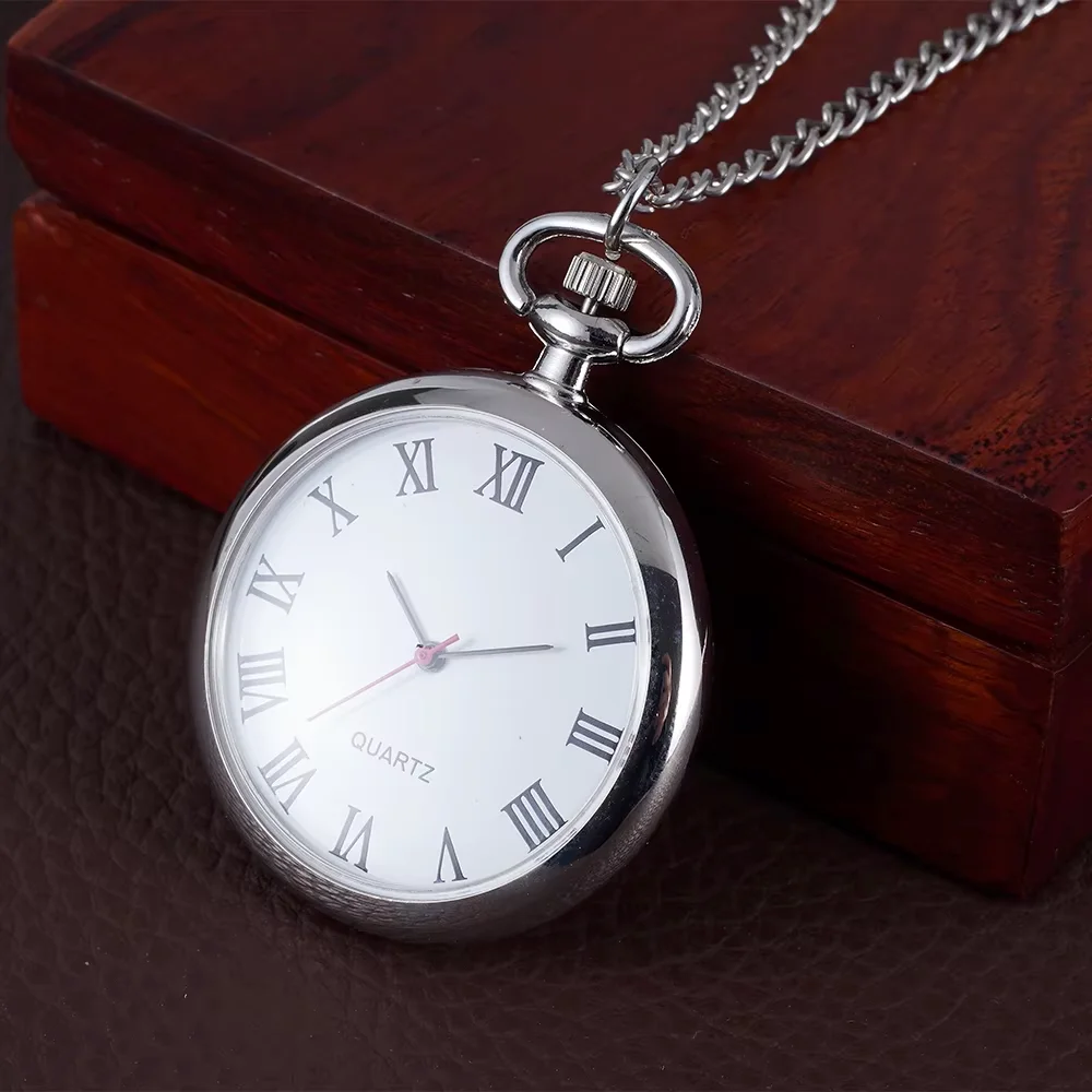 Single case silver pocket watch Roman scale white quartz watch clamshell long necklace watch