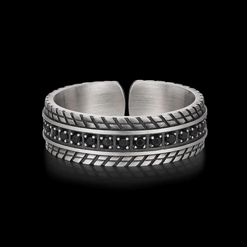 Temperament Thai Silver Ring For Men Simple Geometry Black Line Rings Trendy Vintage Jewelry Boy Friend Gift KOFSAC