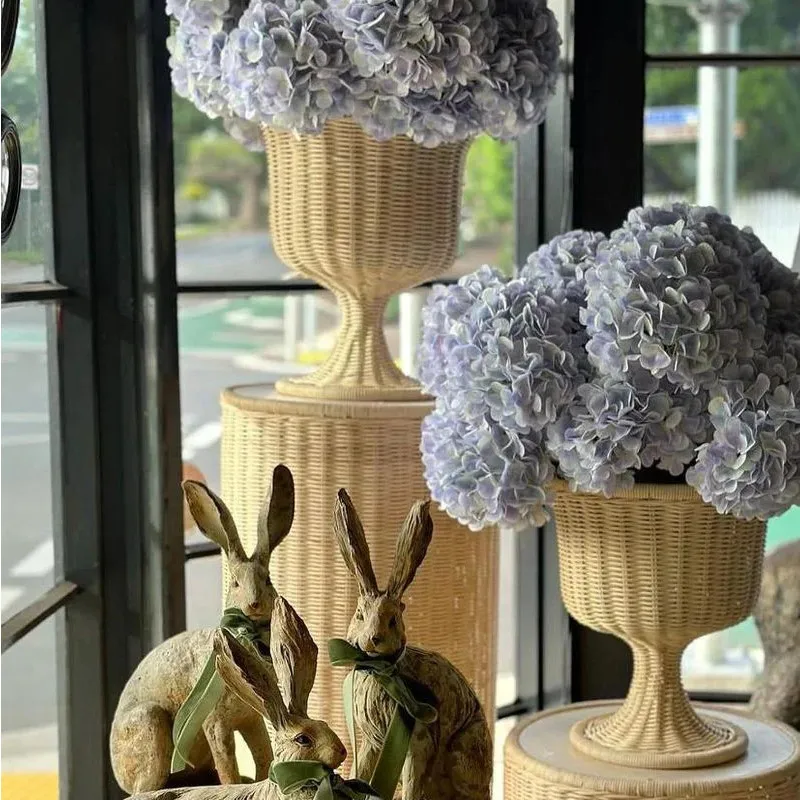 French Rattan Basket, Handwoven Wicker Flower Vase & Storage Container, Boho Chic Home Decor for Bedroom ,Rustic Farmhouse Decor