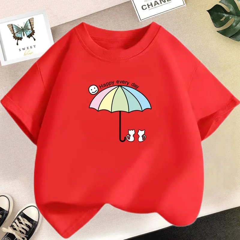 Summer Kids Kawaii Tshirt Girl Summer Tees Cute umbrella Cat T-shirt Children Cartoon Clothes O-neck Pink Tops