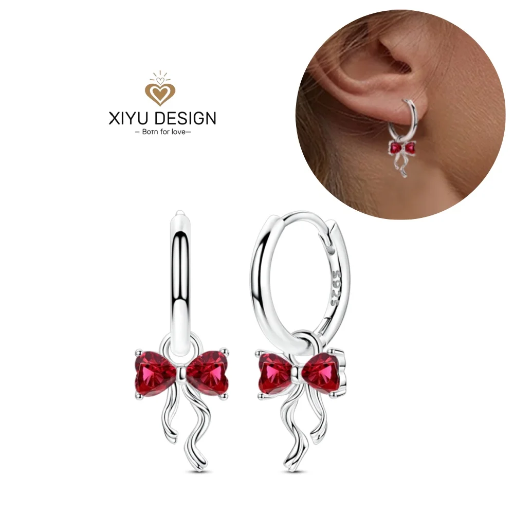 Christmas Party 925 Sterling Silver Red Bow Jewelry Set