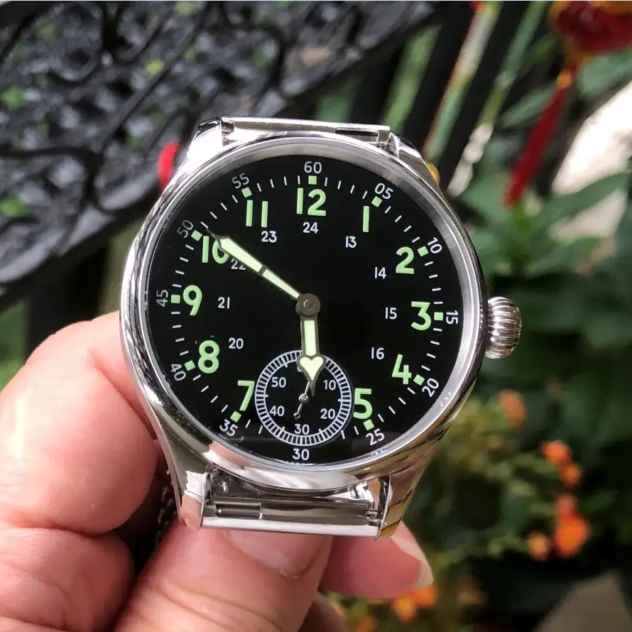 41mm NO LOGO Sapphire Crystal Or Mineral Glass Black Luminous Dial Asian ETA6498 Mechanical Movement Pilot Men\'s Watch