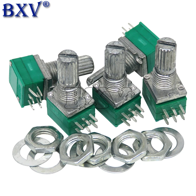 5PCS RK097G RK097 5K 10K 20K 50K 100K 500K B5K z przełącznikiem Audio 6PIN Wałek 15mm Wzmacniacz Potencjometr uszczelniający Zielony