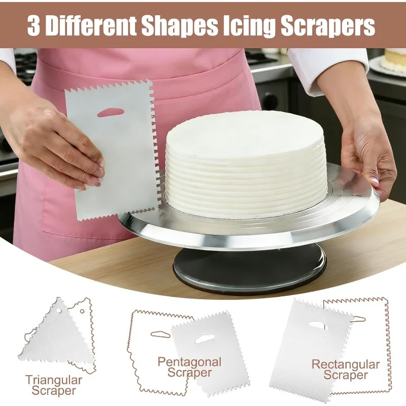 7Pcs 12 Inch Rotating Cake Stand, Aluminium Revolving Cake Turntable Cake Decorating Kit Supplies with Cake Icing Spatula, Cake Slicer, Silicone Spatula, Scraper