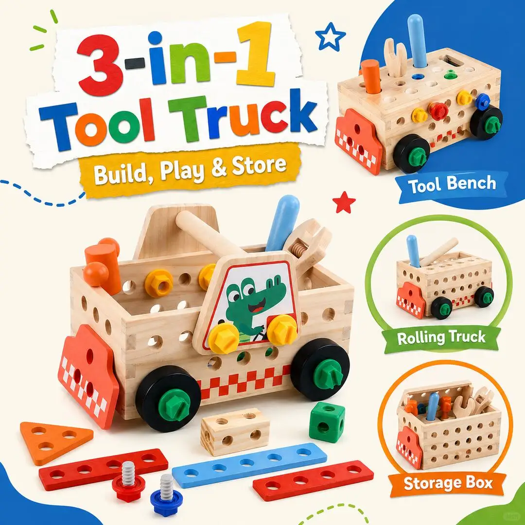 3-in-1 Montessori Wooden Take-Apart Bus Toy, Screw Assembly Vehicle, Kids DIY Repair Workbench, Early Learning Educational Toy