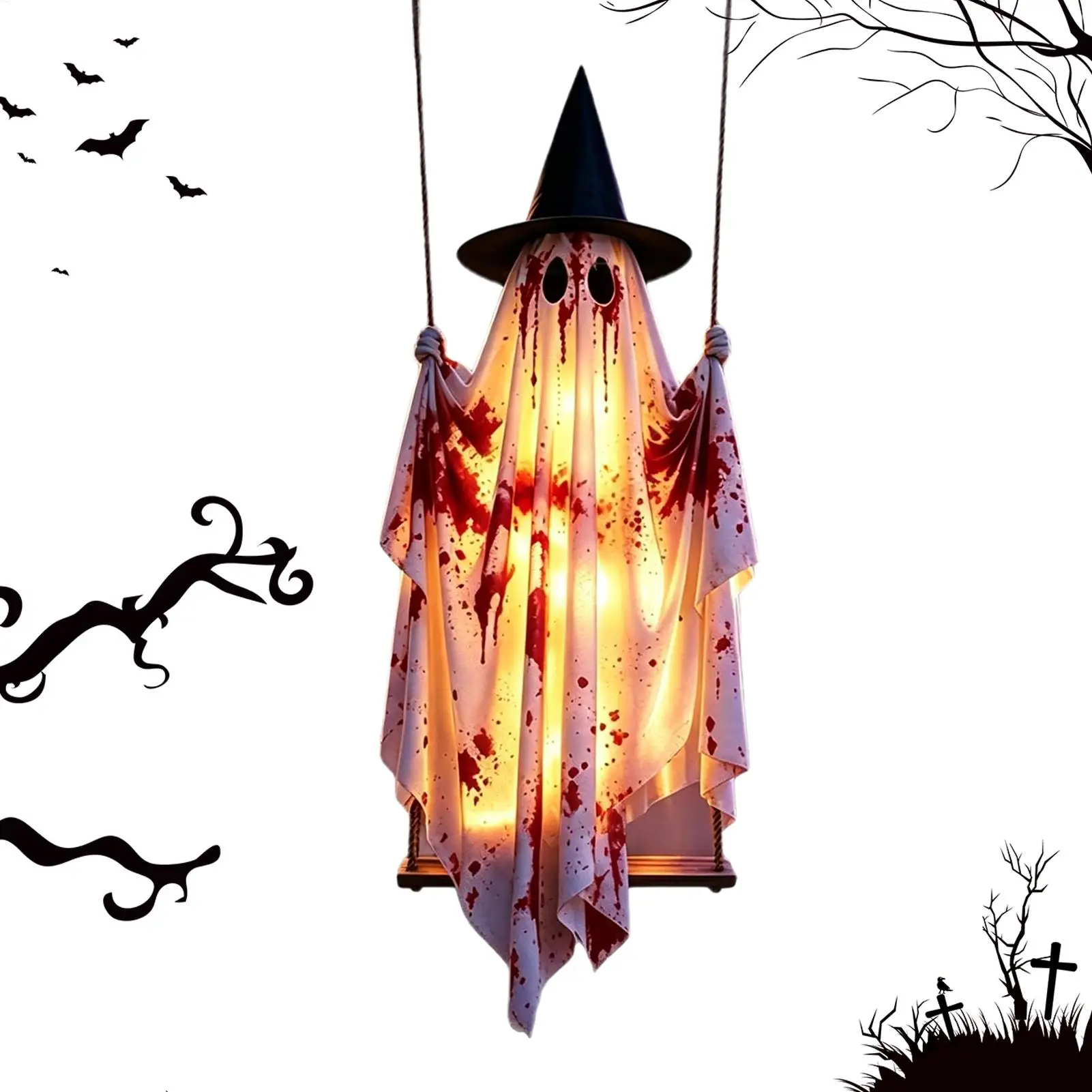 Outdoor Halloween Decoration, 5Ft Large Hanging Ghost Swing, Bloody Witch Swing Ghost Pendant, With Remote Control String Lights