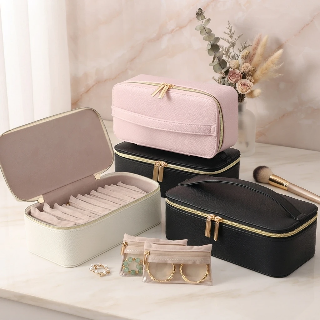 

Portable 12-piece Jewelry Box for Earrings, Rings, Bracelets, Watches and Necklaces. Travel Storage Bag