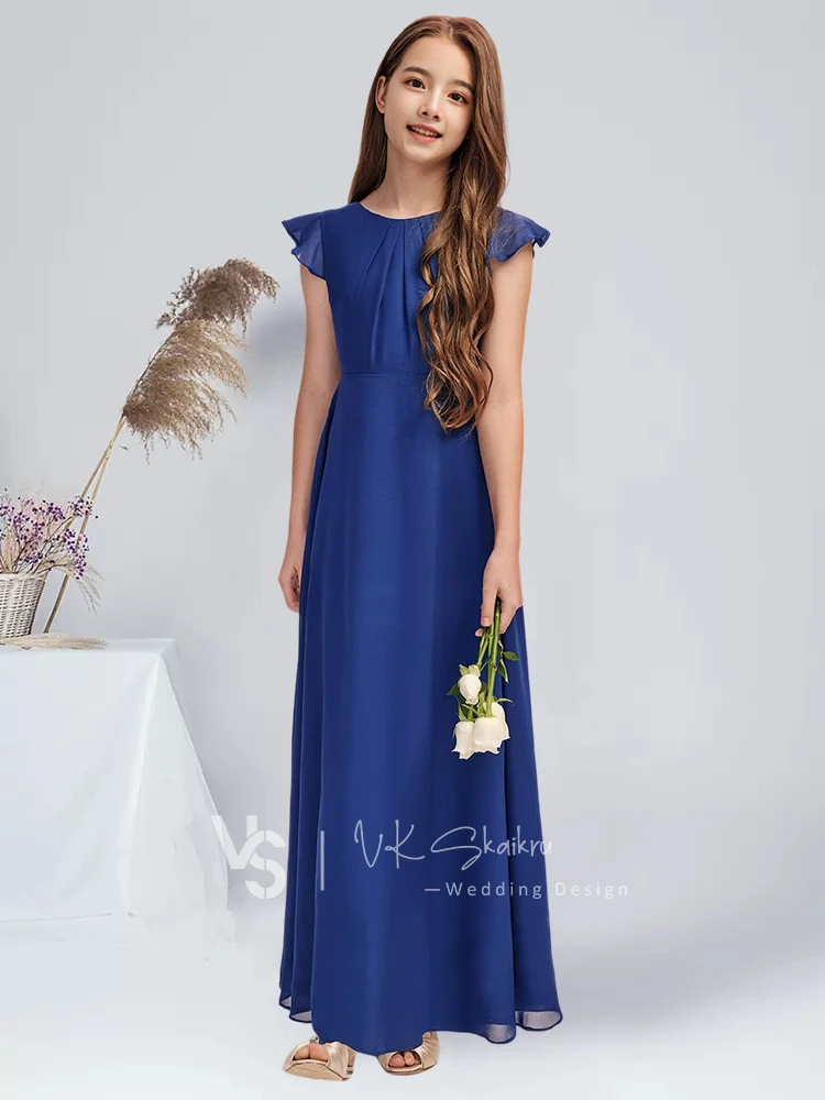 A linha colher até o chão chiffon júnior vestido de dama de honra longo vestido de menina de flor festa para casamento crianças vestido de comunhão júnior