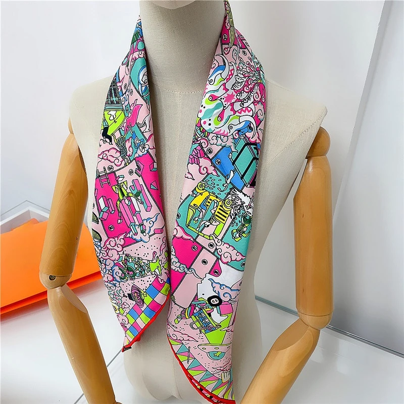 90CM Hand Rolled Twill Silk Scarf Women Hopi Print Square Scarves Wraps Echarpes Curled Foulards Femme Bandana Hijabs Shawl