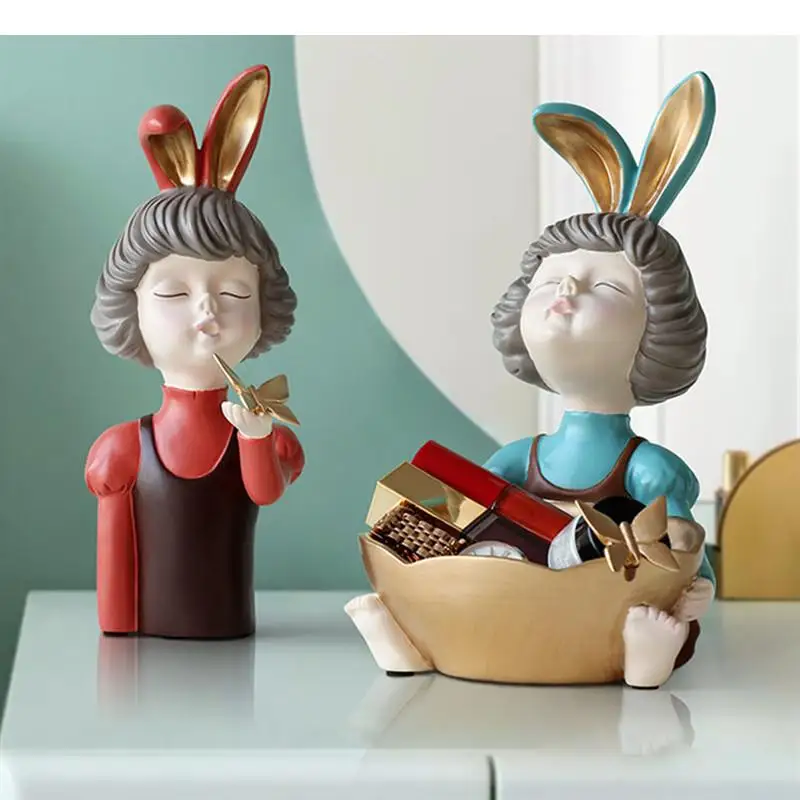 Rabbit Ears Girl Statue Crafts Storage Ornaments Box Organize Disk Desktop Furnishings Home Decoration Accessories