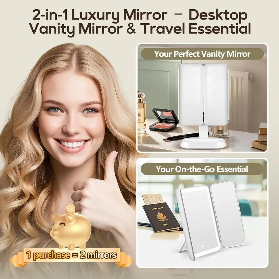 Mirror with Lights, Lighted Makeup Mirror with 30X 10X 5X Magnification, Rechargeable Trifold Mirror with 3 Color amp Adjustable