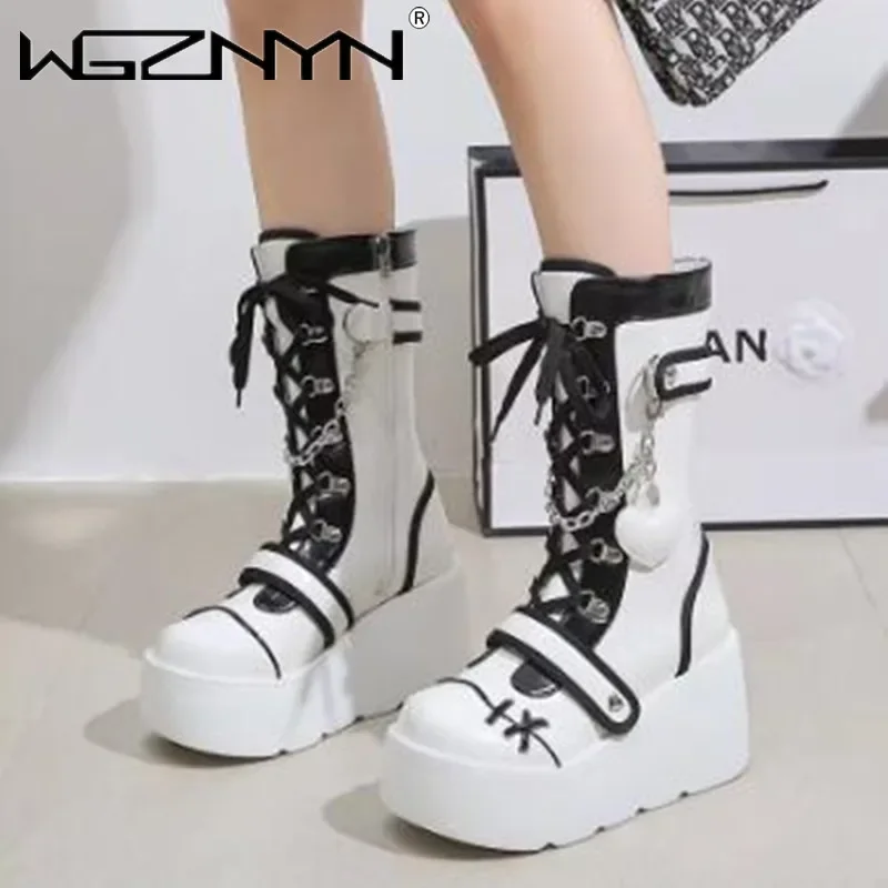 2024 Kawaii Sweet Gothic Platform Mid Calf Boots Women Street Autumn Wedges High Heels Punk Boots Girls Cute Cosplay Women Shoes