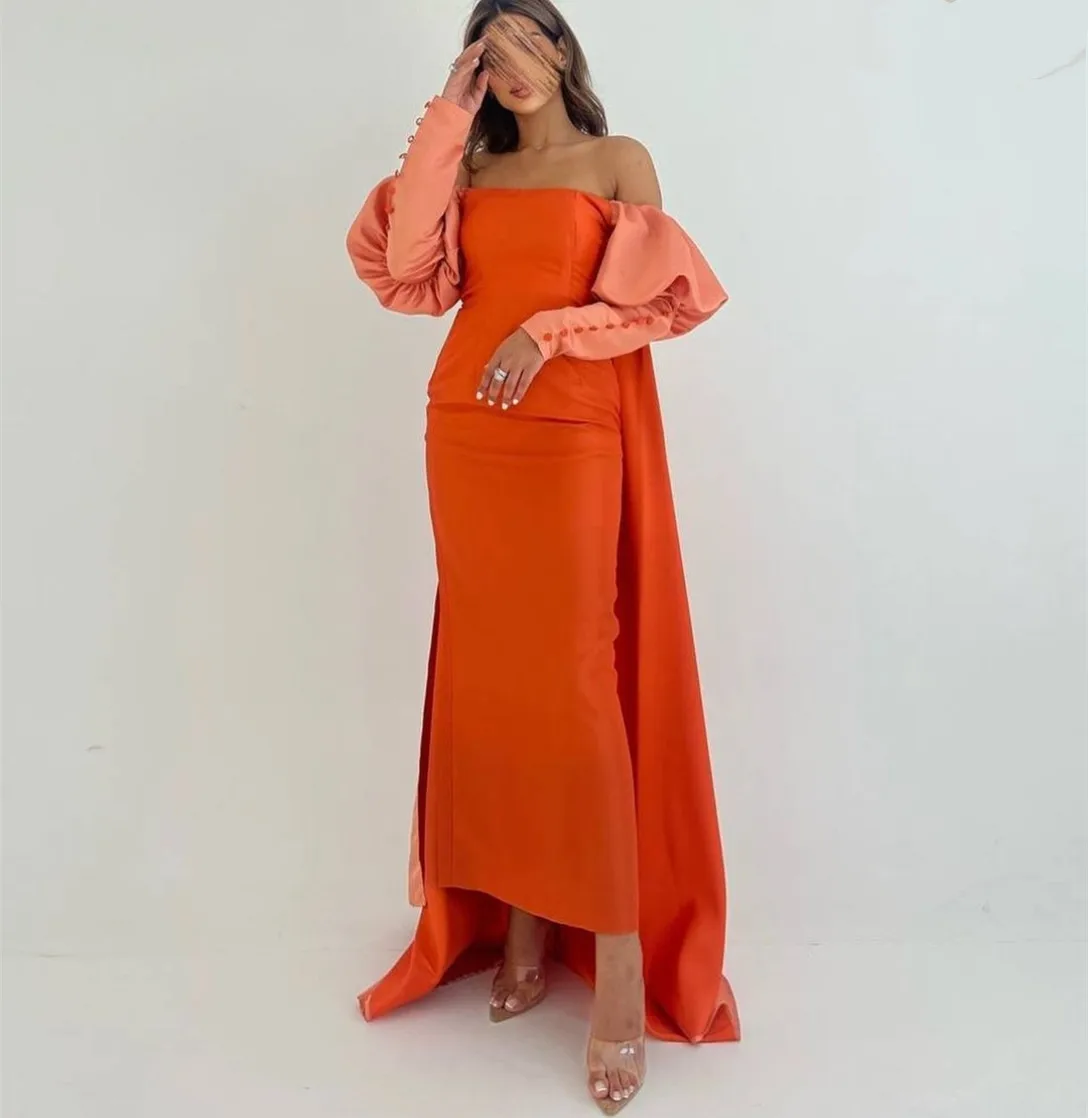 Elegant Long Sleeve Taffeta Evening Dresses With Buttons Sheath Orange Ankle Length Wedding Guest Dress Prom Dresses for Women