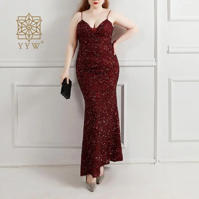 

Sexy V Neck Simple Formal Dresses Sequined Red Elegant Long Prom Dress New Year Dress To The Floor Backless Mermaid Dresses 4xl