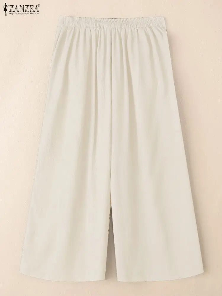ZANZEA Women Casual Crinkled Texture Wide Leg Pants 2025 Autumn Elastic Waist Solid Color Mid-Calf Cropped Pant Everyday Wear