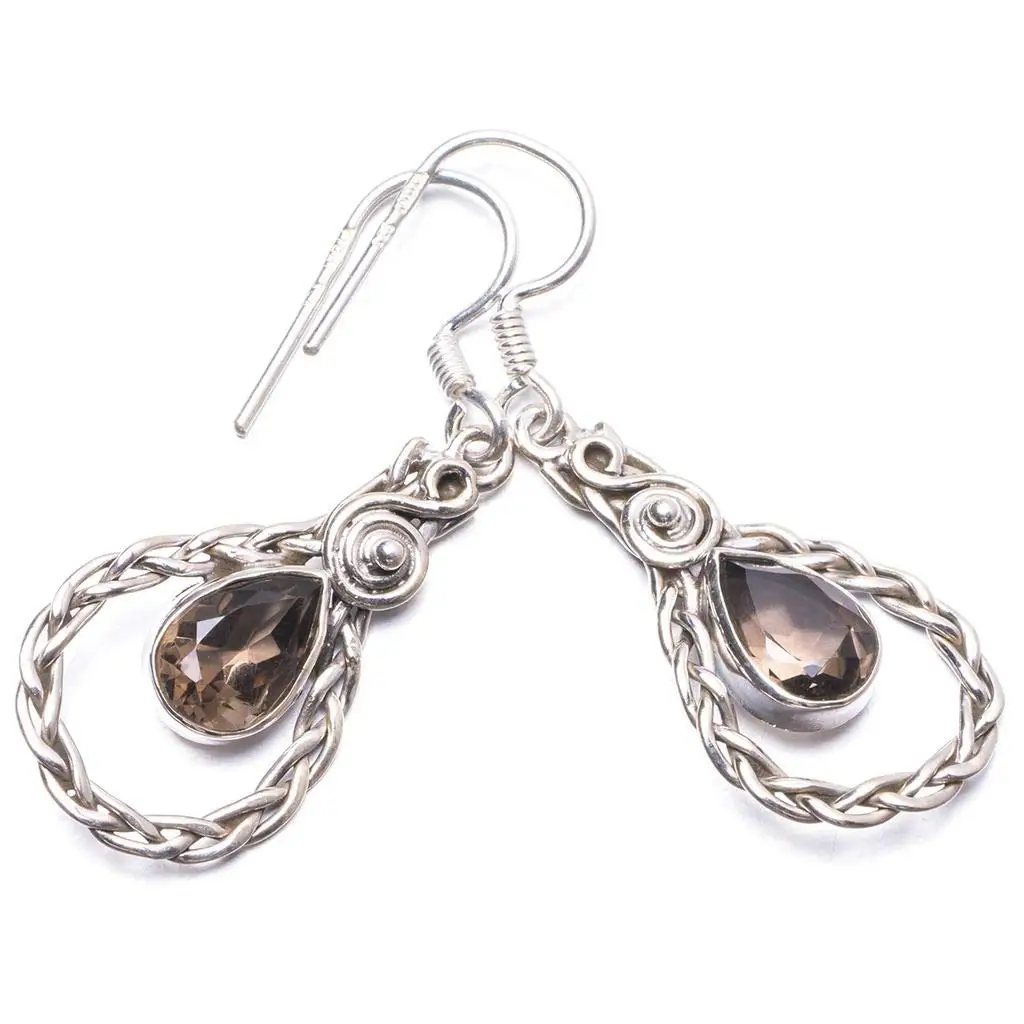 StarGems® Natural Smoky Quartz Handmade Unique 925 Sterling Silver Earrings 1.5