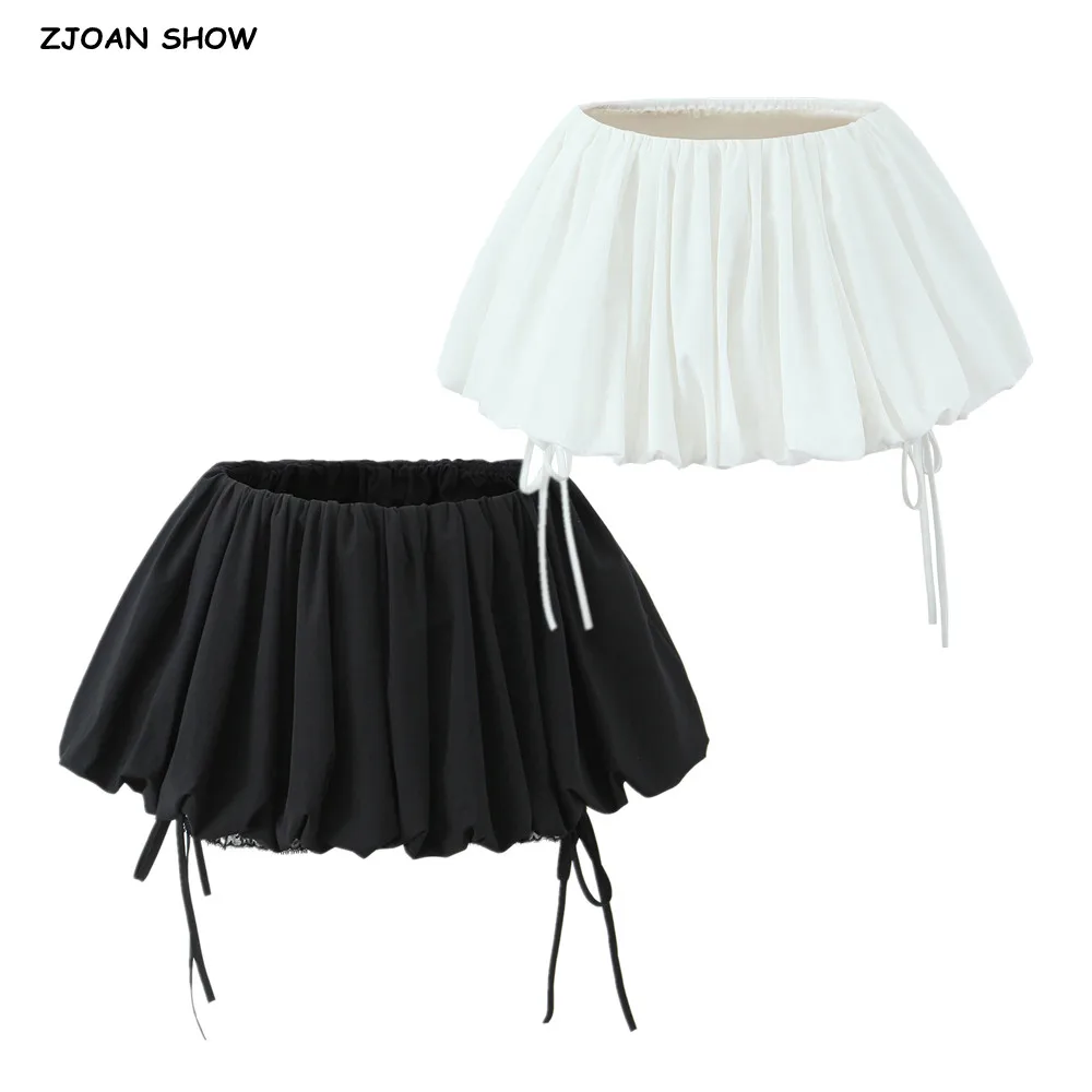 2025 Sweet Elastic Low Waist Ruched Mini BUD Skirts With Bow Lace Shorts Underwear Lining Skater Skirts White Black