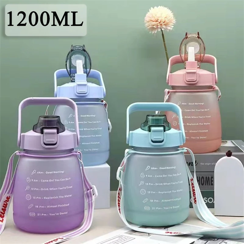 1-4PCS Large Capacity Frosted Plastic Water Cup Sports Travel Portable Water Bottle Handheld Shoulder Strap Straw Water Bottle