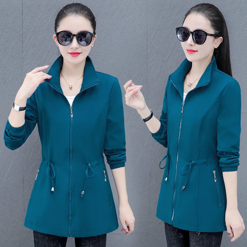 

Женская куртка с регулируемой талией и удлиненной талией, повседневная ветровка с воротником-стойкой, пальто с эластичной резинкой на талии, осенняя новинка