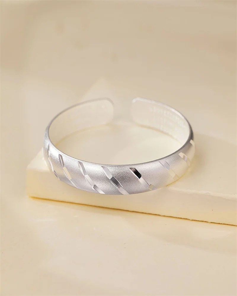 OUYADI Graceful 999 Sterling Silver Matte Diagonal Cut Open Bangle,Mixed Matte‑Polished Texture, Sentimental Gift for Girlfriend