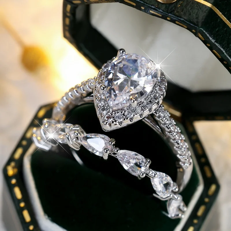 2026 New Pear Shaped Moissanite Double-layer Ring with Full Diamond Main Stone, Light Luxury High-end Jewelry and Accessories