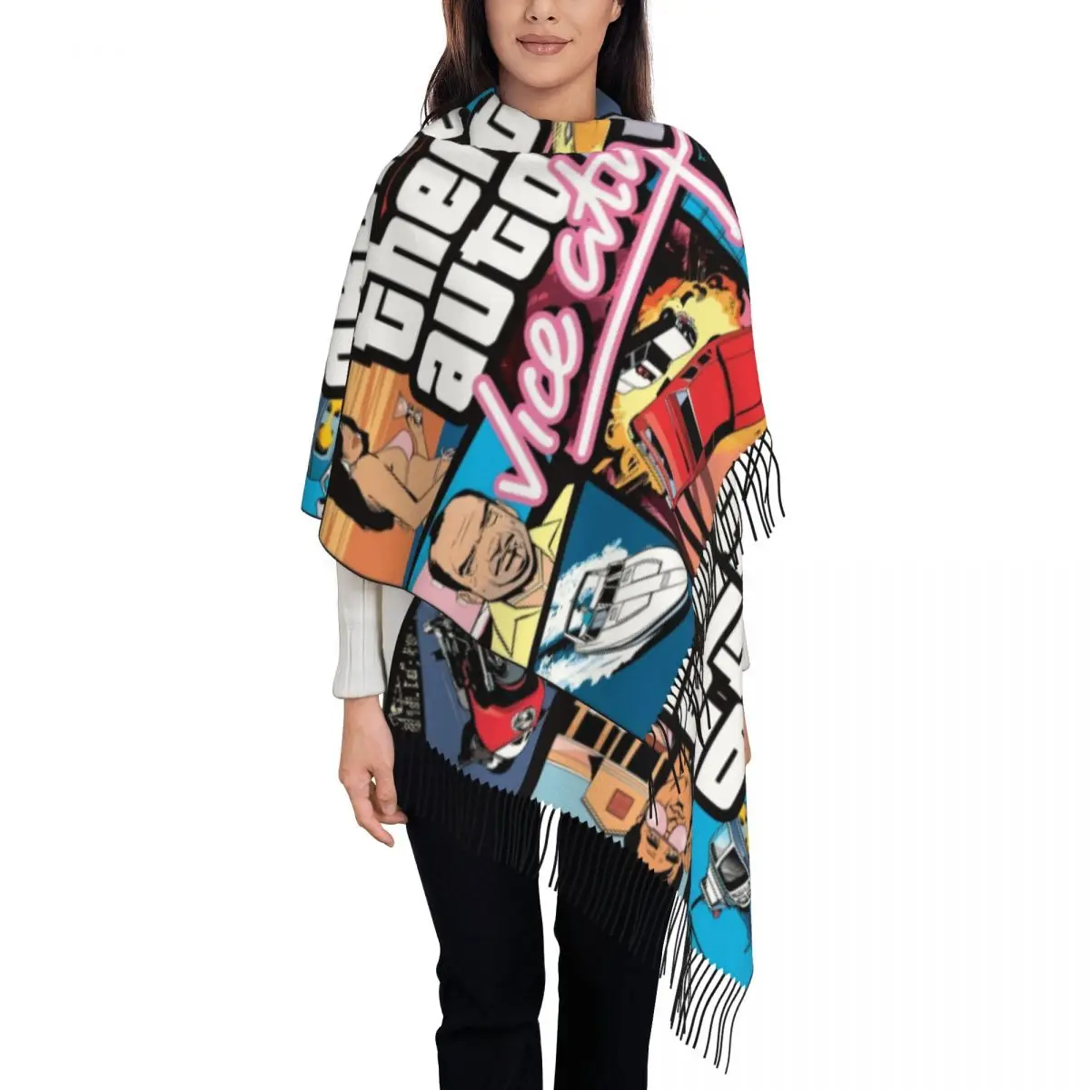 

Stylish Adventure Game Grand Theft Auto Collage Tassel Scarf Women Winter Fall Warm Shawls Wraps Lady GTA Scarves