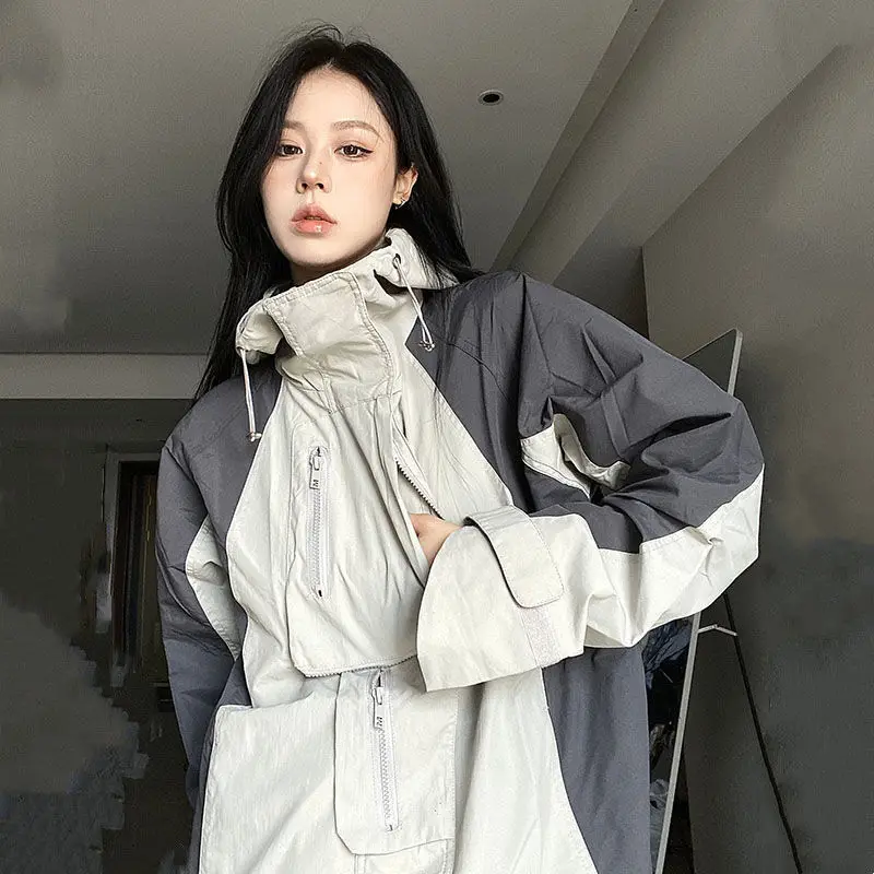 Vintage Outdoor Jackets Women Y2k Streetwear Waterproof Oversized Autumn Hooded Harajuku Drawstring Windbreaker Korean Coat