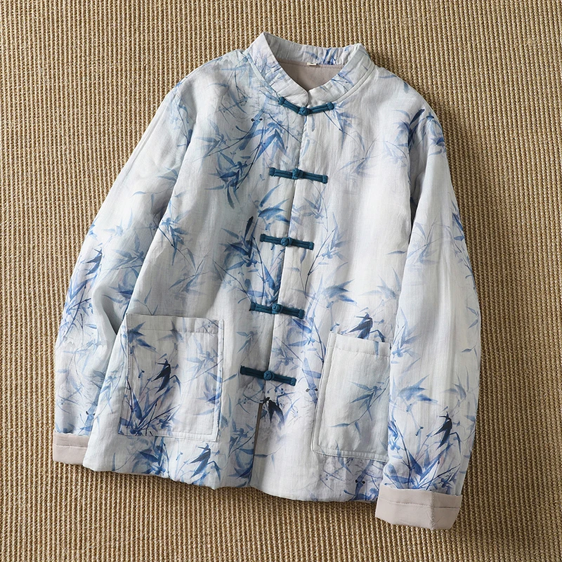 

Retro Hemp Cotton Thiened Chinese Sle Collarl Zen Cotton Jaet Women's Lightweight High Quali Long Sve Coat