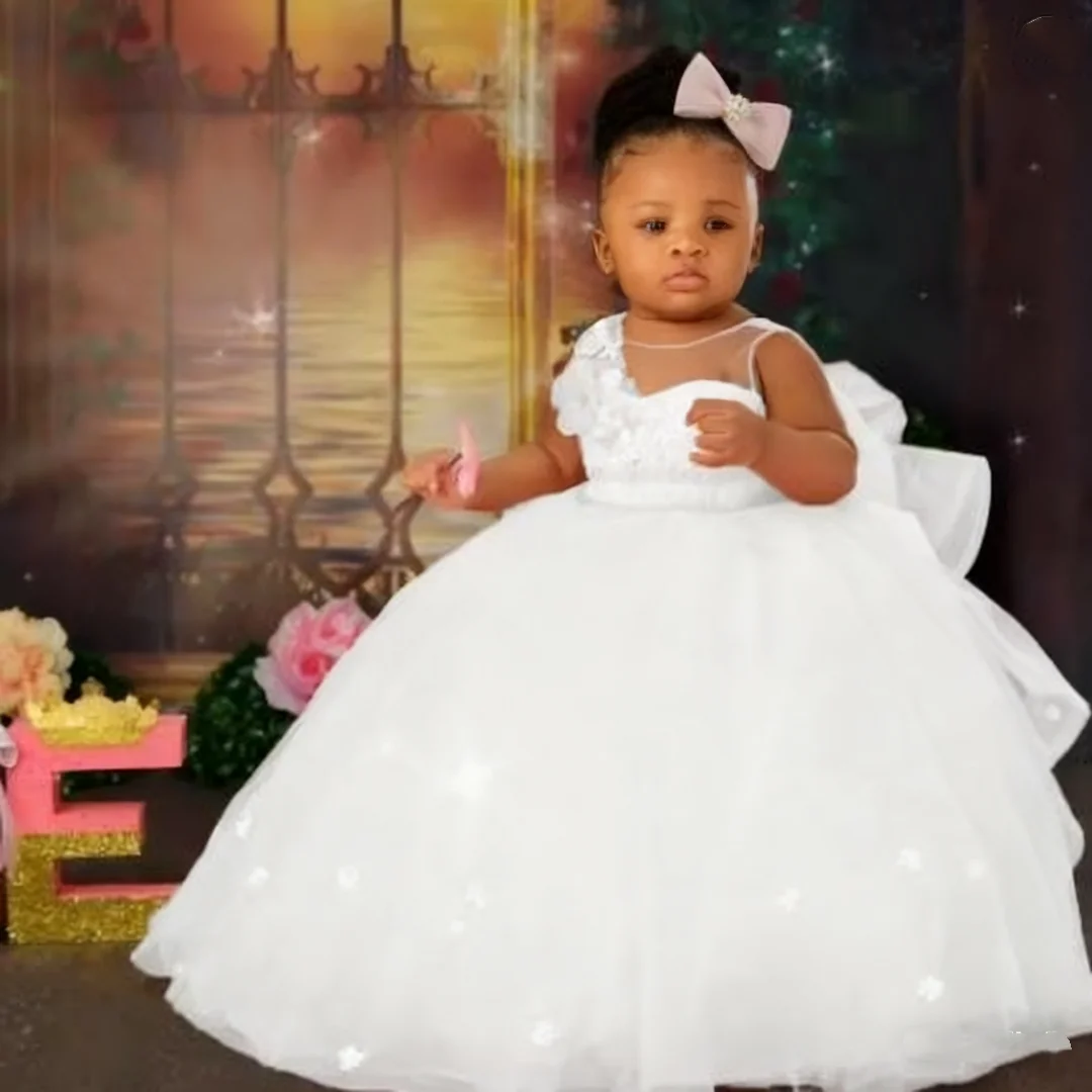 Robe de mariée mignonne pour bébé, motif Floral 3D, sans manches, pour fête d'anniversaire, princesse, robe formelle de première Communion, personnalisable