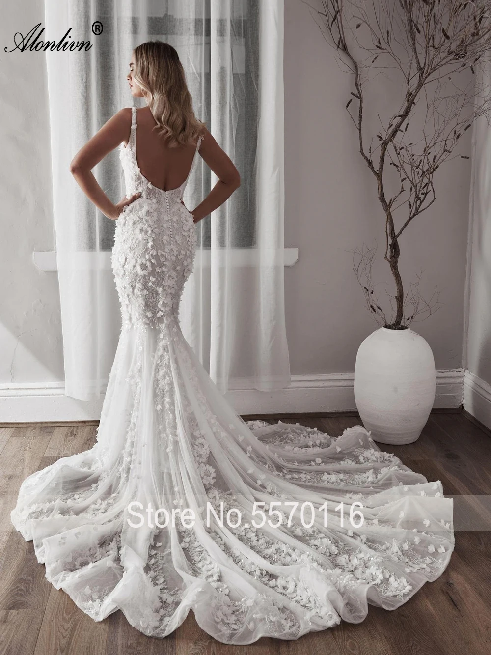 Alonlivn Customize Allover Heavy Bead Embroidery Lace Mermaid Wedding dresses Novias 3D Appliques Flowers Trumpet Bridal Dresses