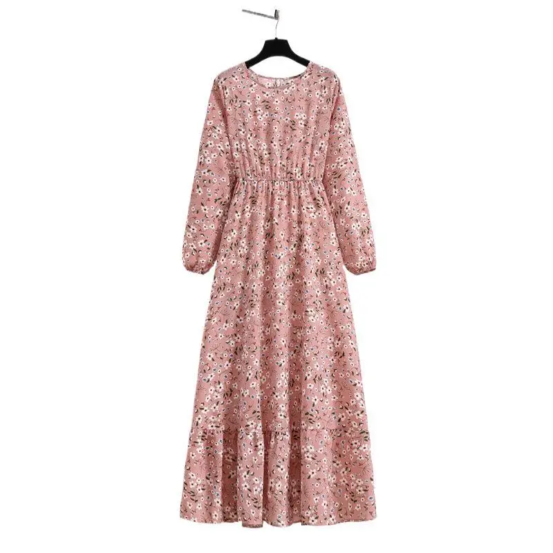 Primavera verão feminino maxi vestidos casuais manga cheia floral impresso o pescoço mulher bohe praia festa vestido longo mujer vestidos