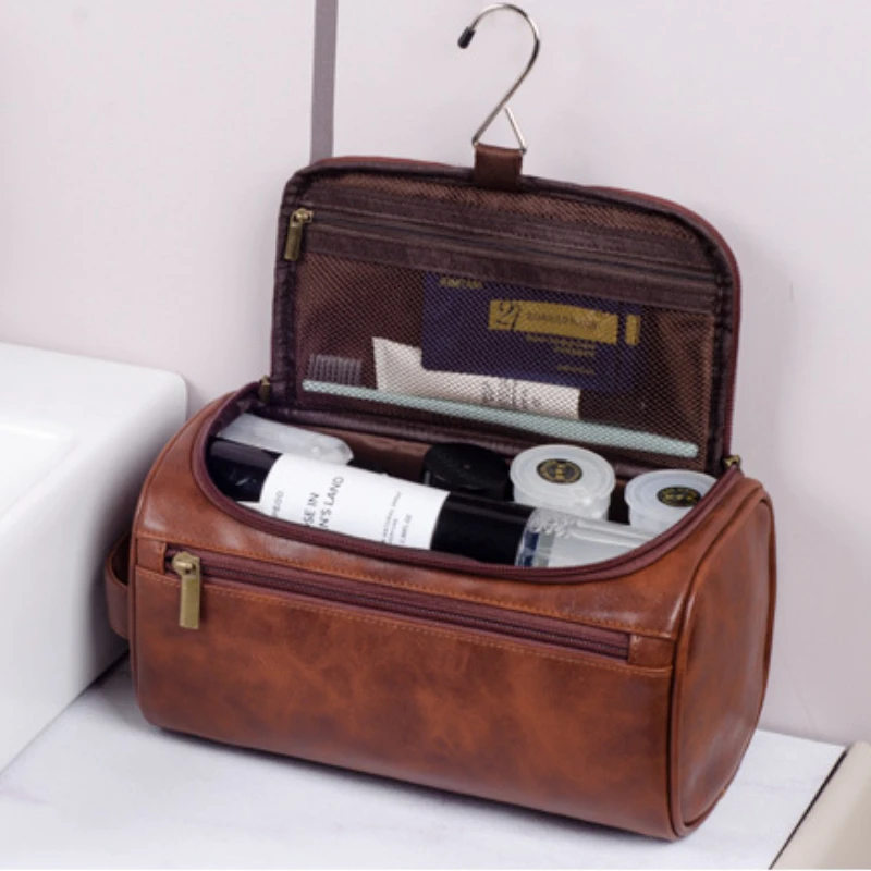 

Travel Makeup Bags Cosmetic Organizer Bag: PU Leather Toiletry Bag for Women - Portable Makeup Organizer with Handle & Divider