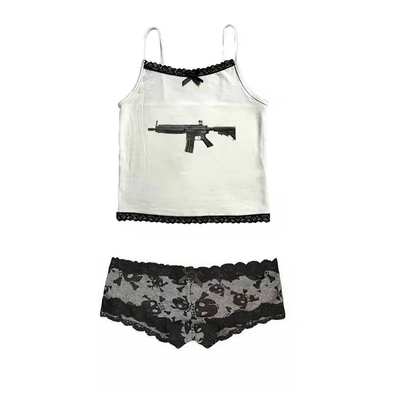 Europe America Sexy Two Piece Sets Womens Outifits Bow Tie Camisole + Skeleton Bow Tie Shorts Spicy Girl Casual Y2k Suits