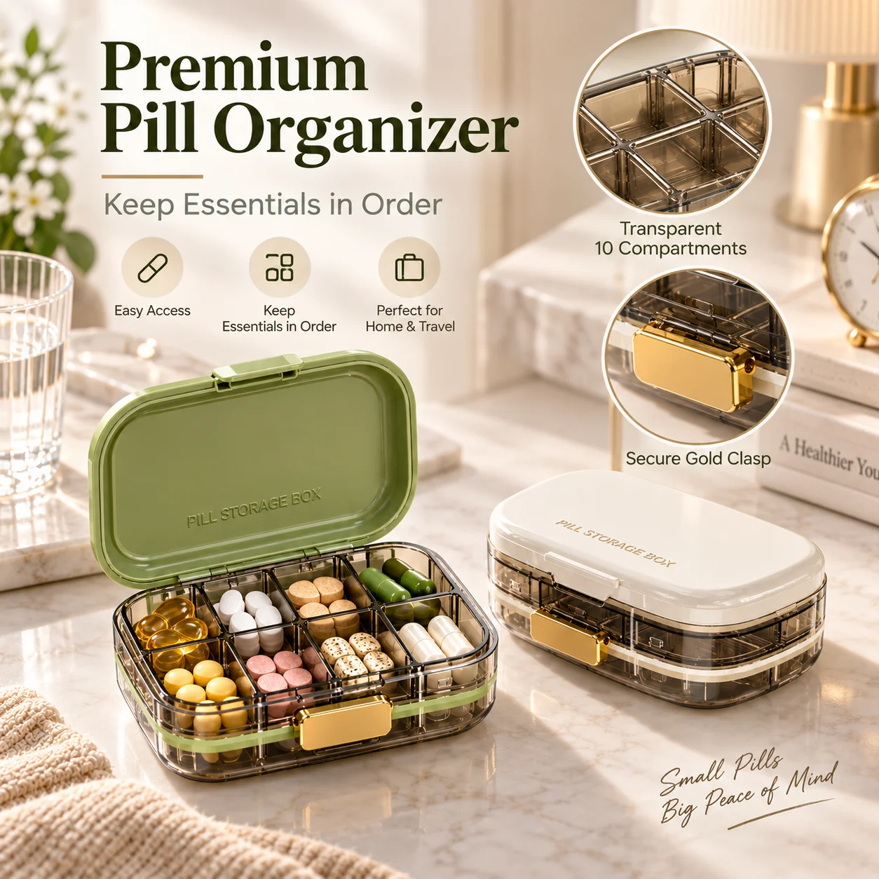 Portable 10-Slot Pill Case for Travel and Daily Use, Compact Vitamin Organizer with Label and Secure Closure