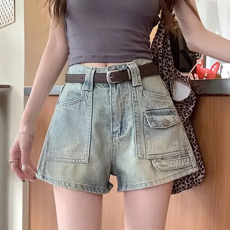 Fashionable Asymmetrical Spliced Pockets Shorts Female Clothing High Waist Button Summer A-Line Distressed Straight Denim Shorts