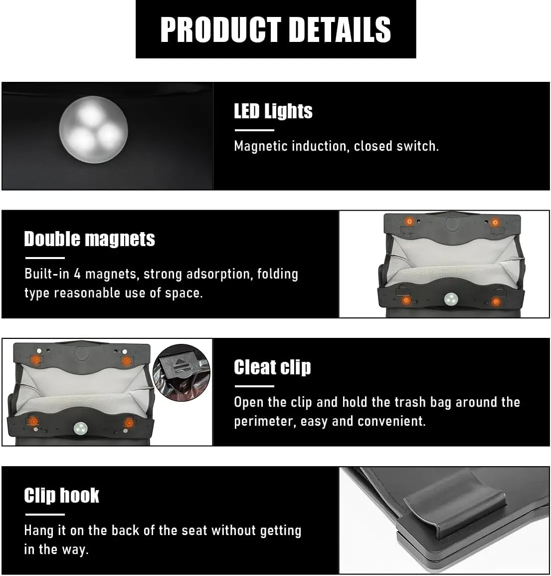 حقيبة قمامة معلقة للسيارة، سلة قمامة مغناطيسية قابلة للطي مع مصابيح LED، جيب تخزين جلدي مقاوم للماء - أسود