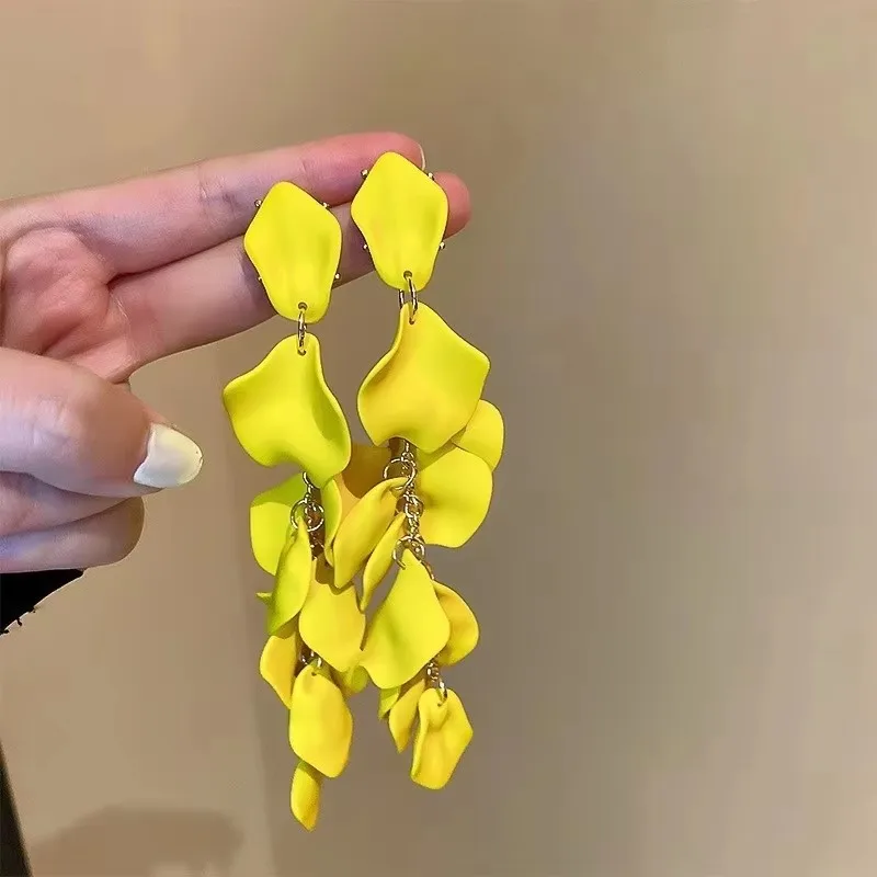 Bohemian Rose Petal Earrings Flower Red Yellow Blue Colors Flower Drop Earrings Long Tassel Earrings Party Wedding Jewelry C