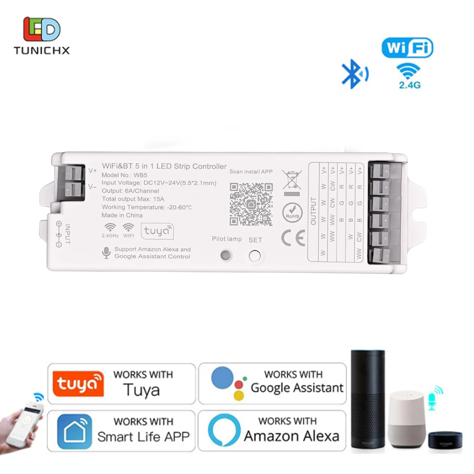 

Контроллер LED-лент Tuya 5 в 1 с управлением через приложение, Wi-Fi 2.4GHz, голосовое управление Alexa и Google Home, радиоуправление RF для диммируемых RGB, RGBW, CCT LED-лент