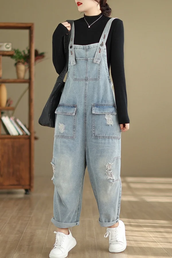 

Американские винтажные джинсовые комбинезоны для женщин: летние, новые, свободные, в стиле бойфренд, с широкими штанинами, повседневные, с высокой талией, из джинсовой ткани