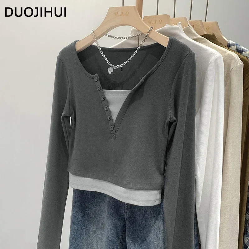 DUOJIHUI Fake Two Piece Chic V-neck Sexy Female T-shirts Autumn New Casual Simple Fashion Spell Color Basic S-XL Women T-shirts