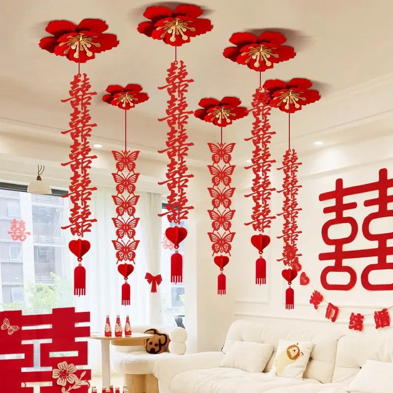 Chinese Wedding Decorative Arrangements Ceiling Hanging Ornament Wedding Flowers Bedroom Ceiling Paper Fan Xi Hanging Decor