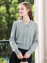 I BELIEVE YOU Blue Lace Long Sleeved Pullover Sweater Knitted Fall Clothes 2024 Women Office Lady Basics O-Neck Tops 2244125774