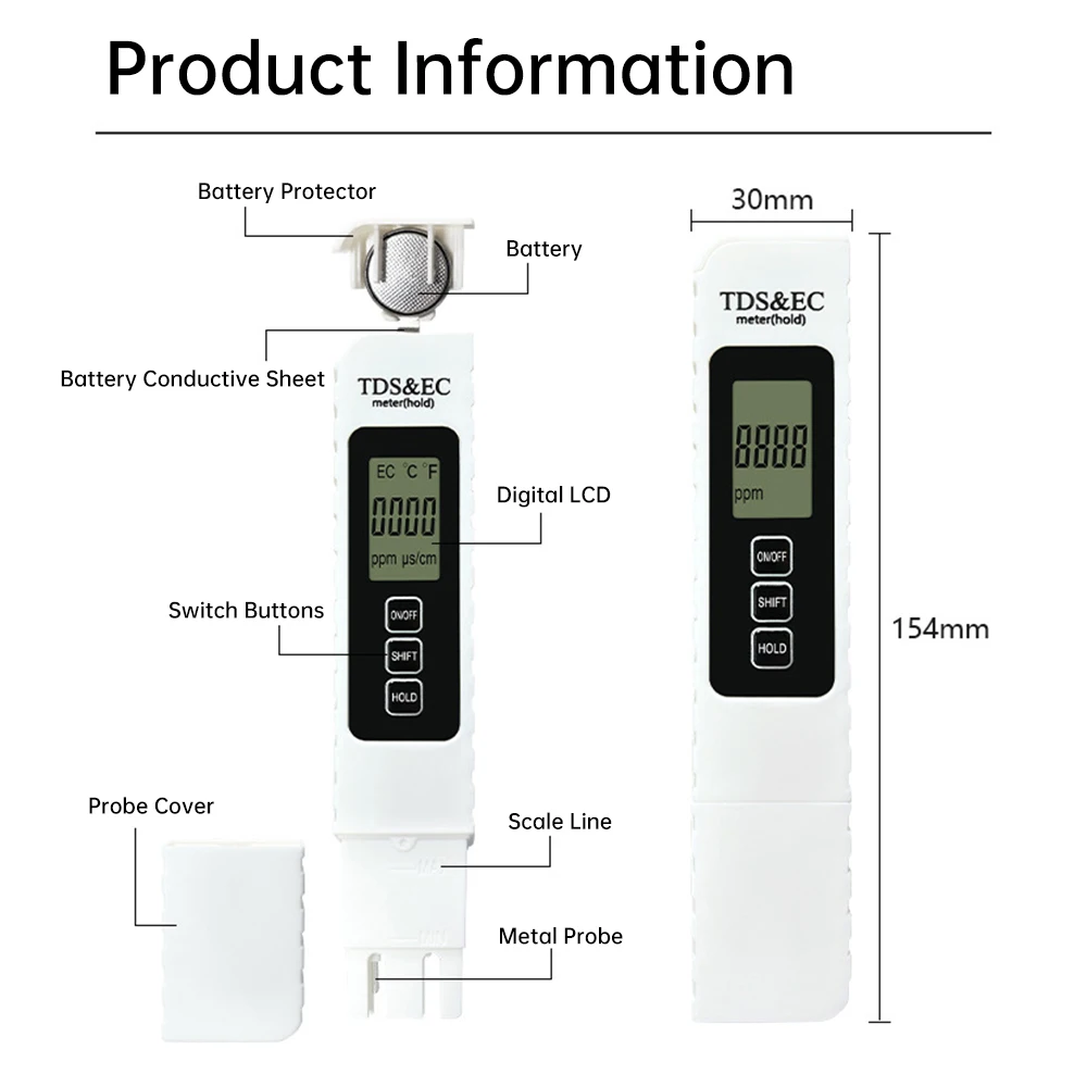 White Digital Water Quality Tester TDS EC Meter Range 0 to 9990 Multifunctional Water Purity Temperature TEMP PPM Tester